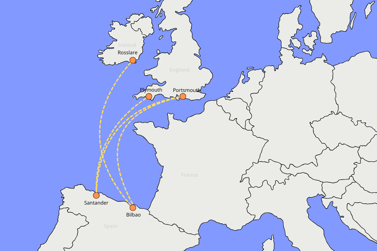 Mapa de las rutas de ferry directas entre España y el Reino Unido